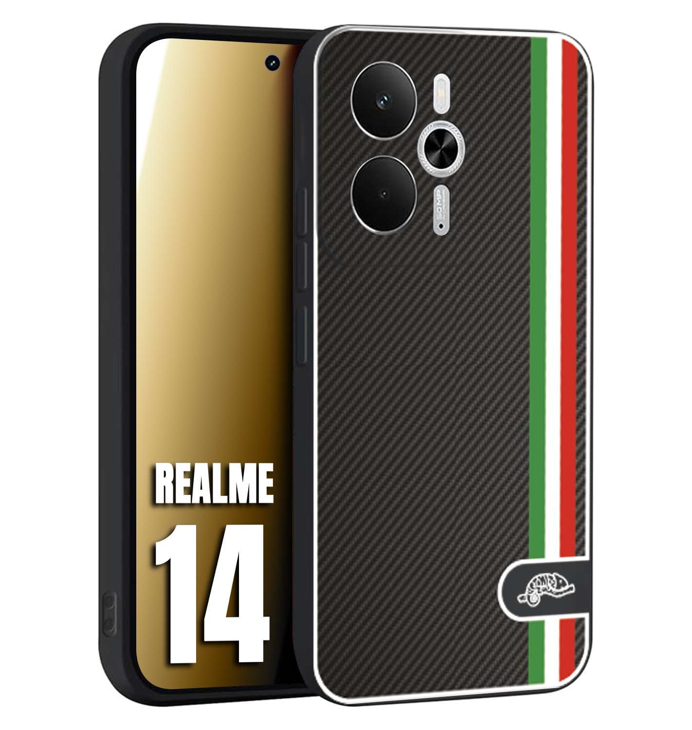 CUSTOMIZZA - Custodia cover nera morbida in tpu compatibile per Realme 14 5G effetto fibra di carbonio bandiera Italia made in Italy