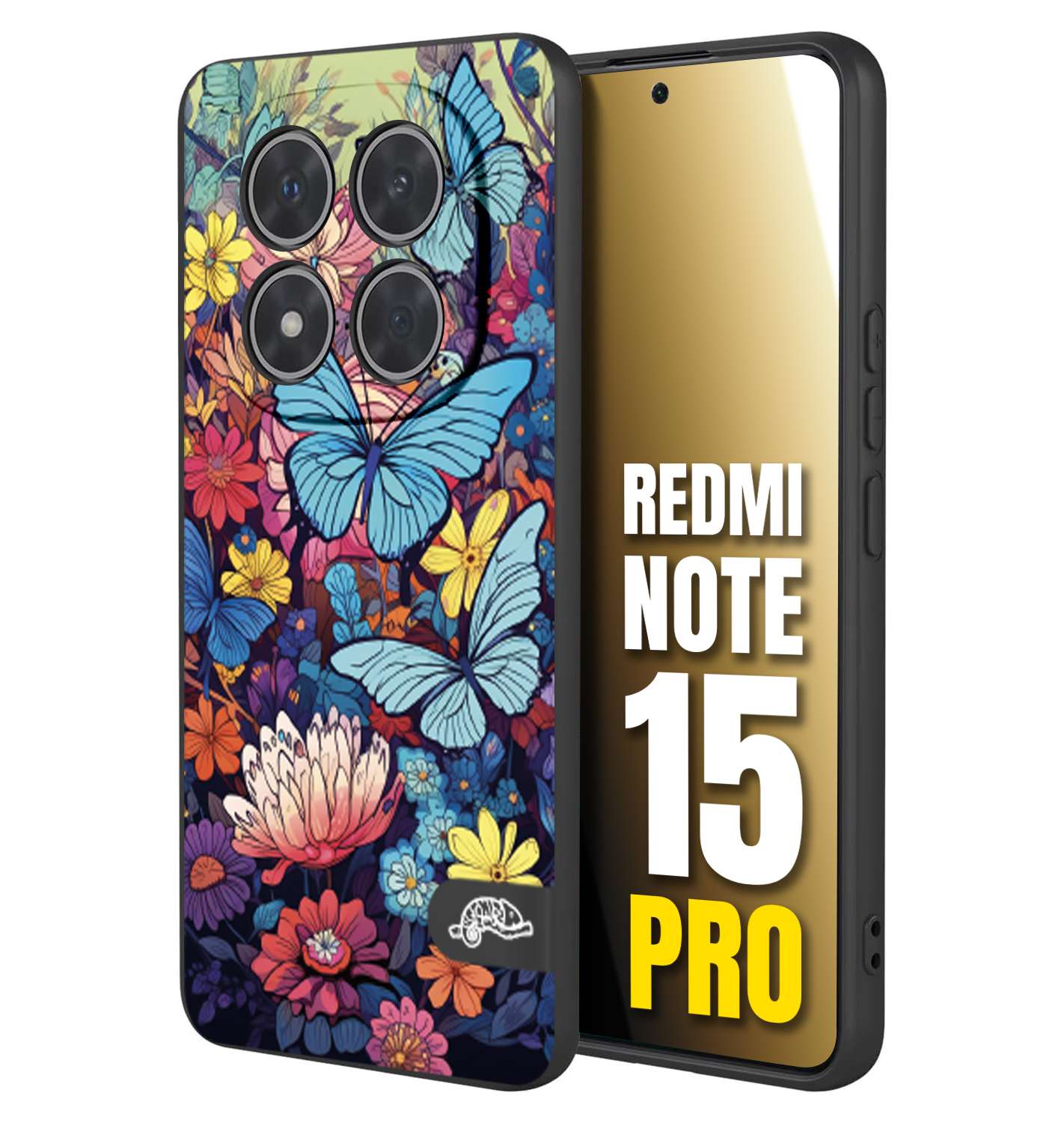 CUSTOMIZZA - Custodia cover nera morbida in tpu compatibile per Xiaomi Redmi Note 15 PRO farfalle butterfly moderno donna disegnate gialla blu rosa