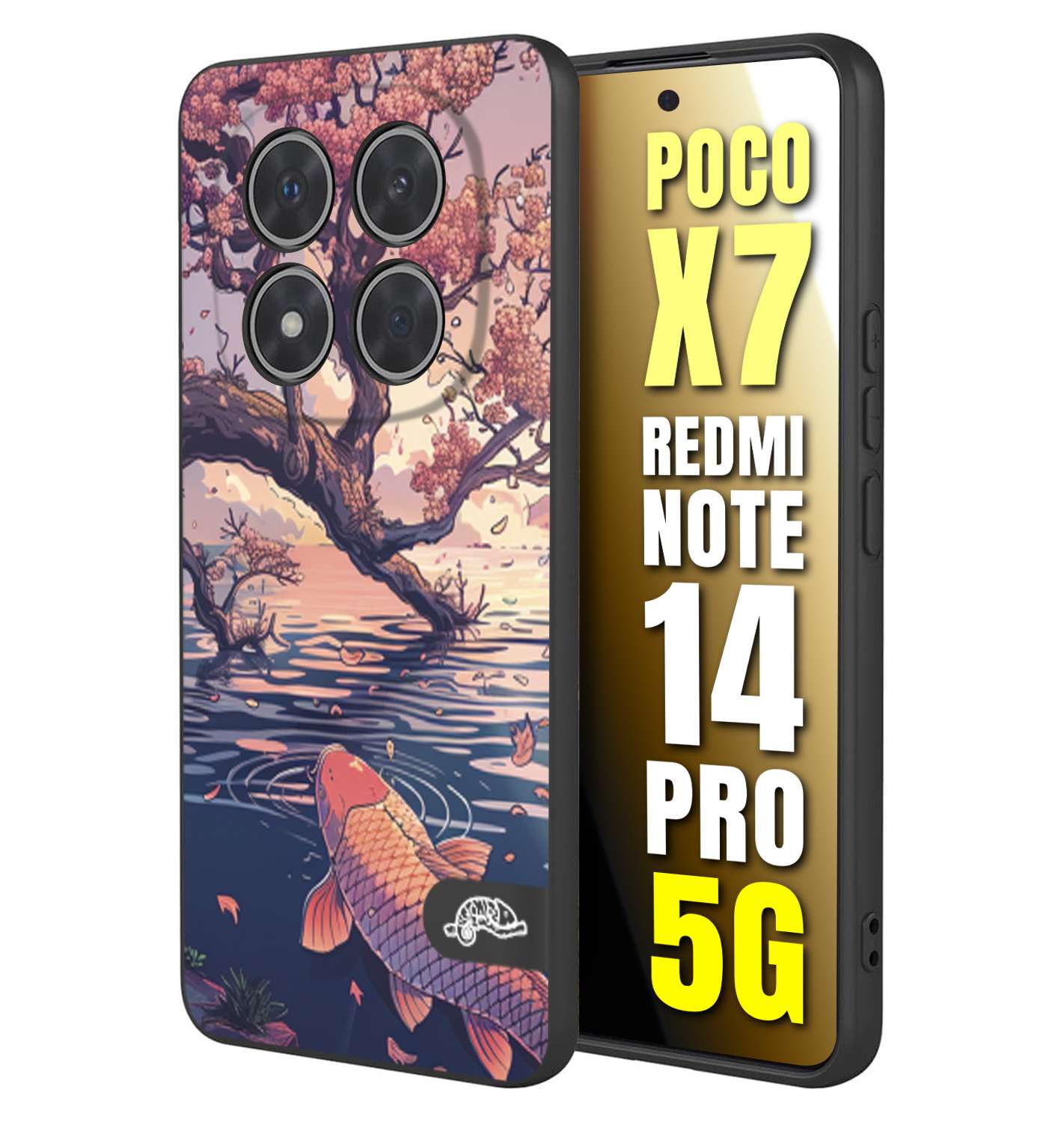 CUSTOMIZZA - Custodia cover nera morbida in tpu compatibile per Xiaomi Redmi Note 14 PRO 5G giapponese lago carpa koi rosa con foglie d'acero disegnata tattoo