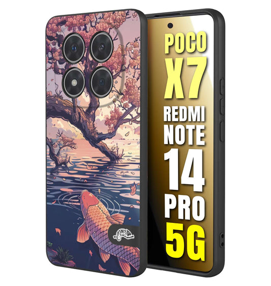 CUSTOMIZZA - Custodia cover nera morbida in tpu compatibile per Xiaomi Redmi Note 14 PRO 5G giapponese lago carpa koi rosa con foglie d'acero disegnata tattoo