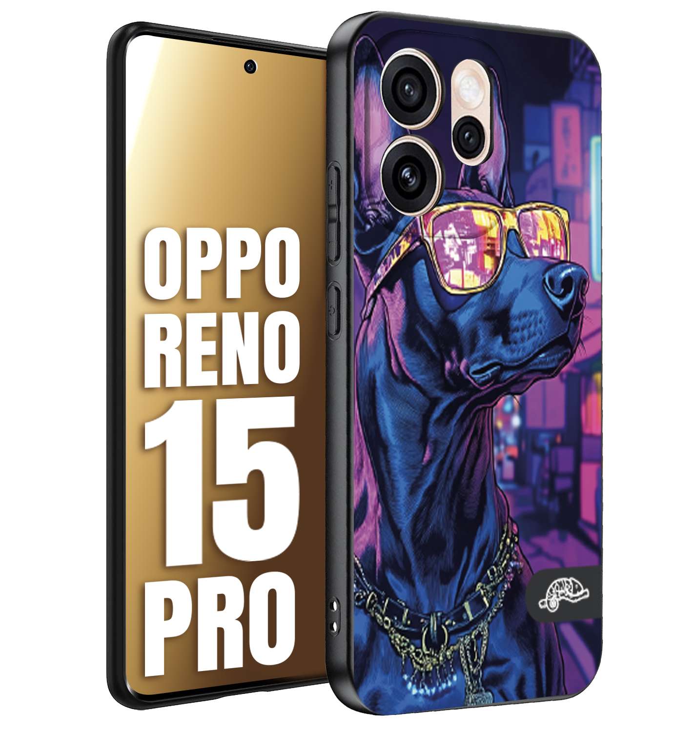 CUSTOMIZZA - Custodia cover nera morbida in tpu compatibile per Oppo Reno 15 PRO animali cyberpunk dobermann cane street dog fucsia blu night
