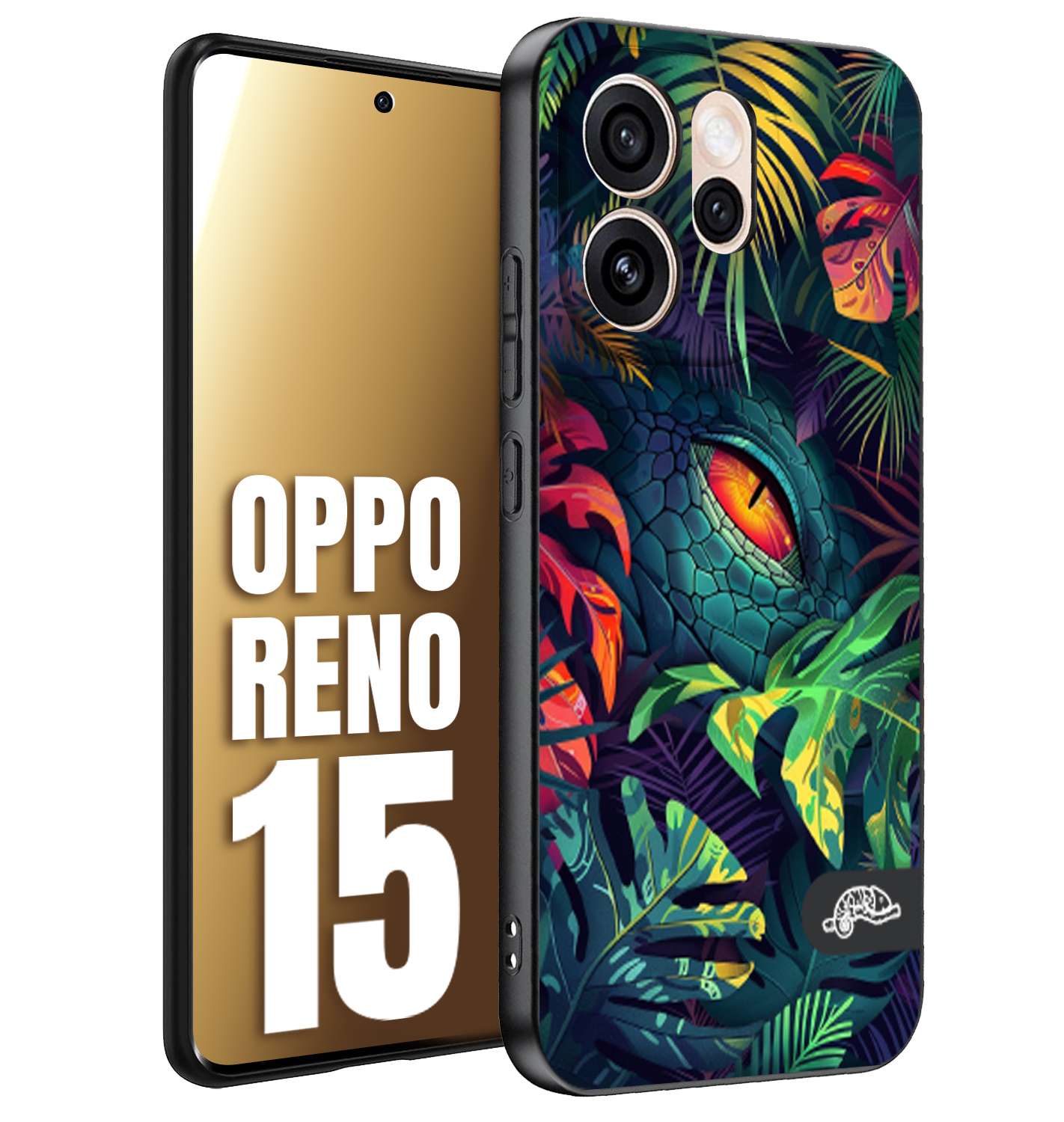 CUSTOMIZZA - Custodia cover nera morbida in tpu compatibile per Oppo Reno 15 animali color giungla tropicale occhio di coccodrillo alligatore disegnato
