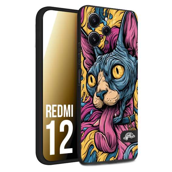 CUSTOMIZZA - Custodia cover nera morbida in tpu compatibile per Xiaomi Redmi 12 Sphynx Colorato Pop Art Psichedelico Gatto Blu Rosa Giallo Artistica Fantasy