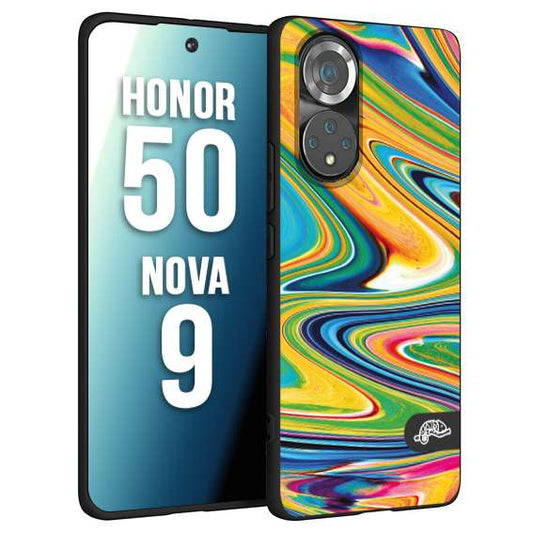 CUSTOMIZZA - Custodia cover nera morbida in tpu compatibile per Huawei Nova 9 - Honor 50 colorata fantasia vortice marmo arcobaleno gialla verde blu