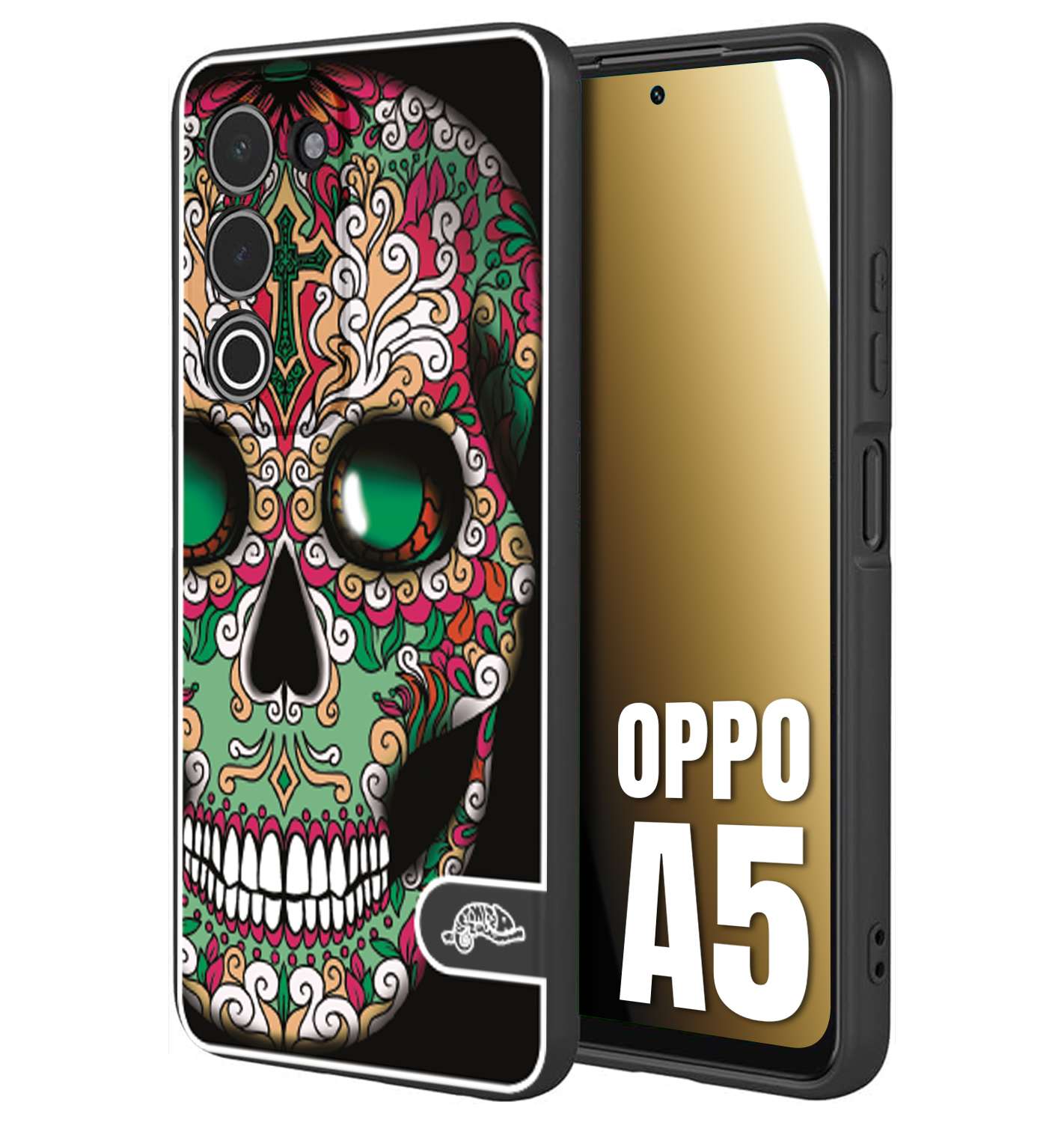 CUSTOMIZZA - Custodia cover nera morbida in tpu compatibile per Oppo A5 teschio messicano Mexican skull verde fucsia