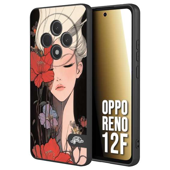 CUSTOMIZZA - Custodia cover nera morbida in tpu compatibile per Oppo Reno 12F woman flower Fantasia Floreale Design Donna e Fiori, Retro Artistico