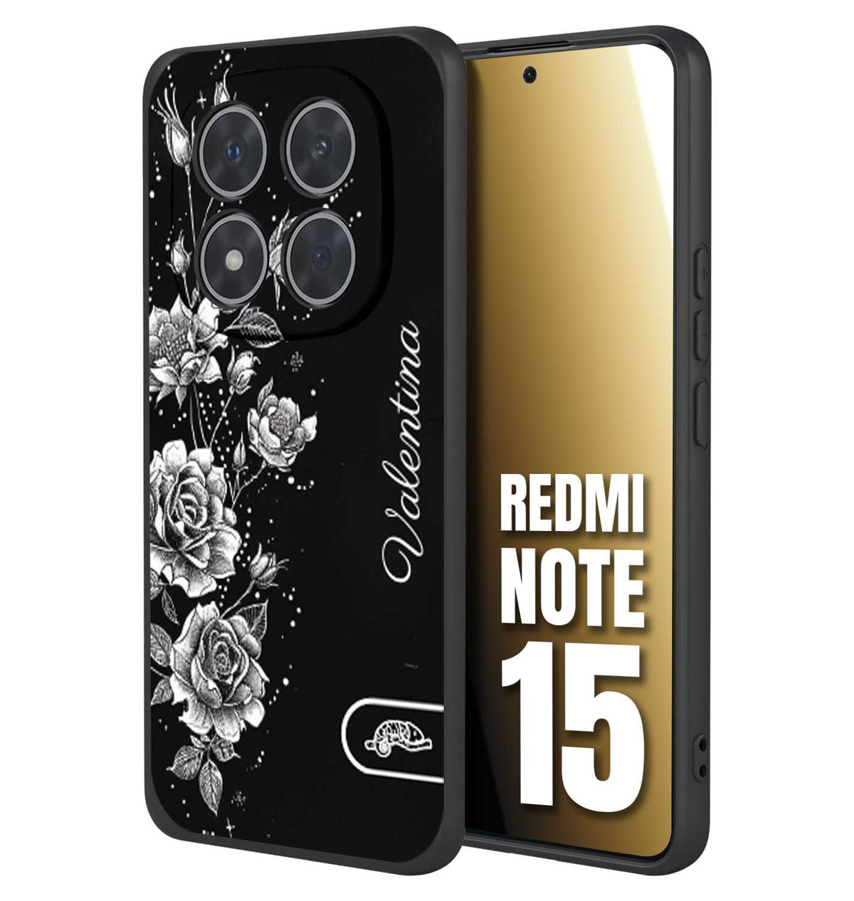 CUSTOMIZZA - Custodia cover nera morbida in tpu compatibile per Xiaomi Redmi Note 15 personalizzata rilievo soft touch nome rose fiori donna