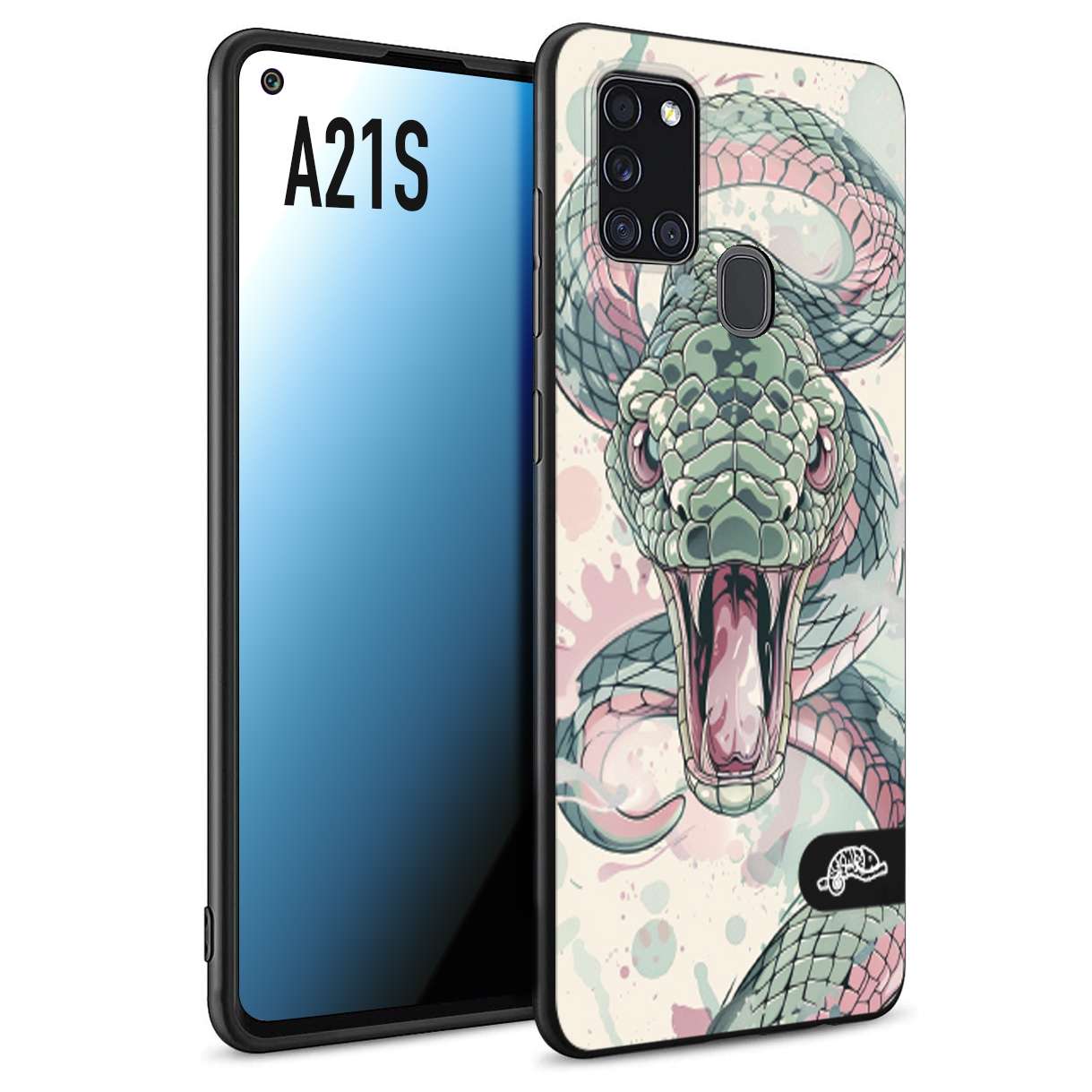 CUSTOMIZZA - Custodia cover nera morbida in tpu compatibile per Samsung A21S snake pink green serpente tatuaggio tattoo disegnato a mano