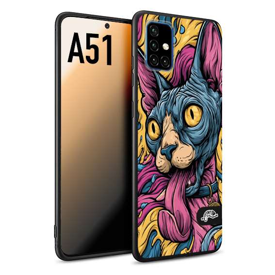 CUSTOMIZZA - Custodia cover nera morbida in tpu compatibile per Samsung A51 Sphynx Colorato Pop Art Psichedelico Gatto Blu Rosa Giallo Artistica Fantasy