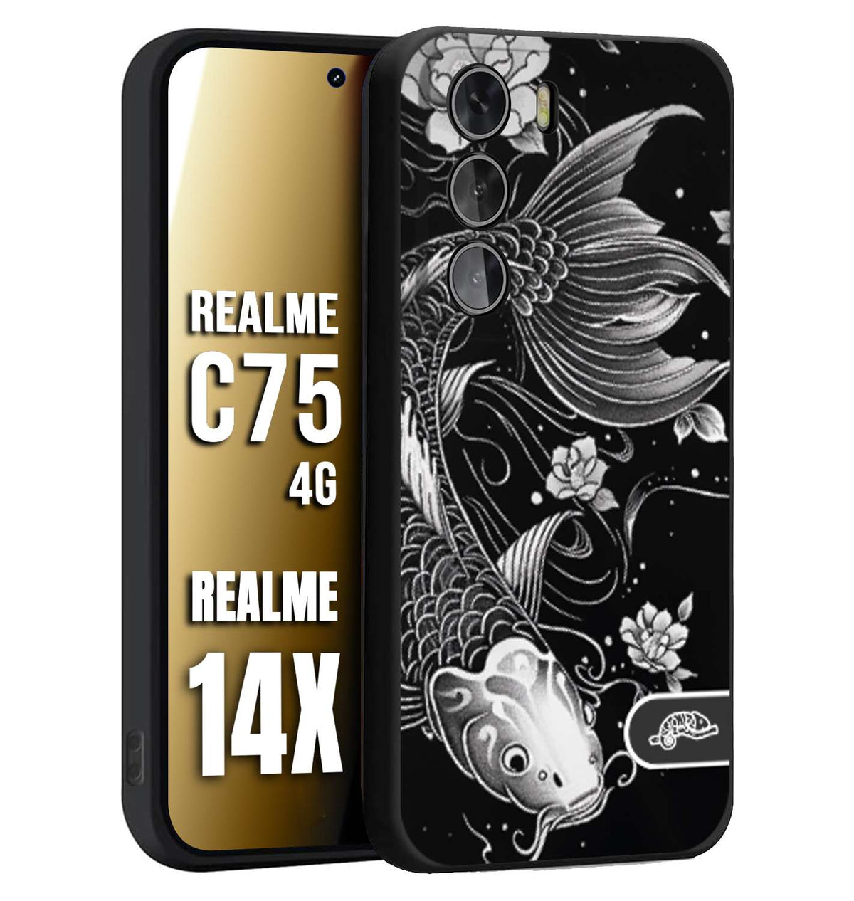 CUSTOMIZZA - Custodia cover nera morbida in tpu compatibile per Realme 14X - C75 4G carpa koi black and white bianco a rilievo disegnato tattoo tatuaggio