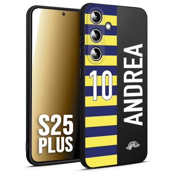 CUSTOMIZZA - Custodia cover nera morbida in tpu compatibile per Samsung S25 PLUS personalizzata calcio football nome e numero calciatori giallo blu