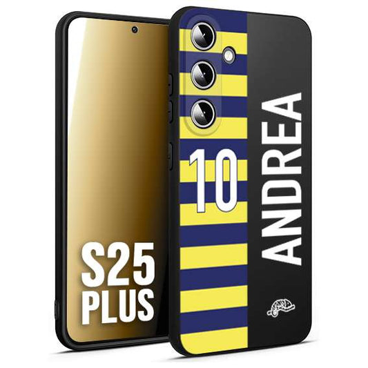 CUSTOMIZZA - Custodia cover nera morbida in tpu compatibile per Samsung S25 PLUS personalizzata calcio football nome e numero calciatori giallo blu