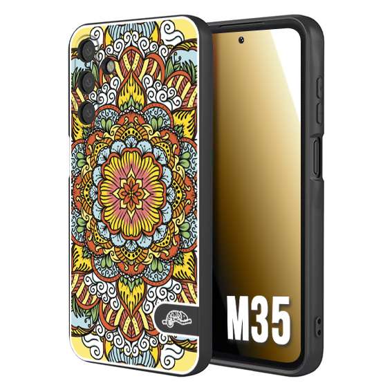 CUSTOMIZZA - Custodia cover nera morbida in tpu compatibile per Samsung M35 mandala colorato fiore nuvole arancione