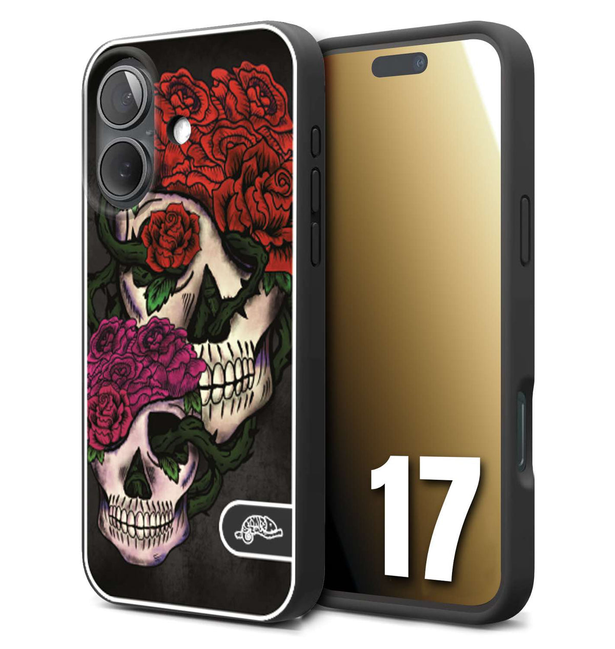 CUSTOMIZZA - Custodia cover nera morbida in tpu compatibile per iPhone 17 teschi e rose rosse fucsia skull and roses
