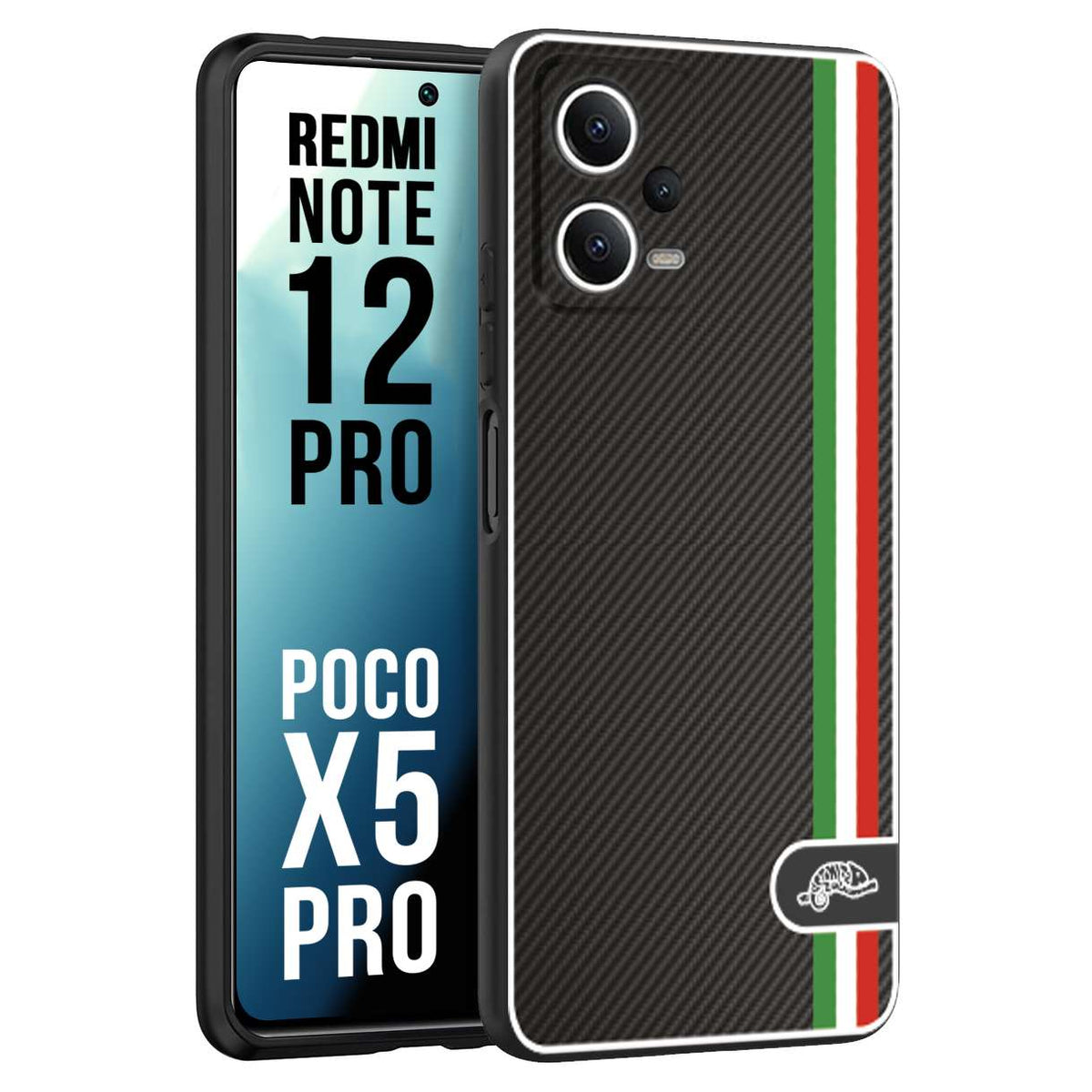 CUSTOMIZZA - Custodia cover nera morbida in tpu compatibile per Xiaomi Redmi Note 12 PRO - POCO X5 PRO effetto fibra di carbonio bandiera Italia made in Italy