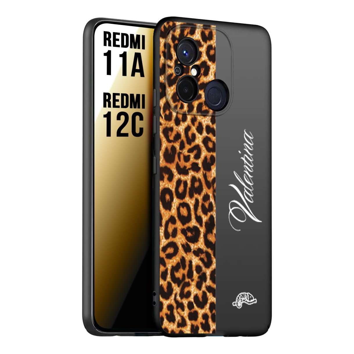 CUSTOMIZZA - Custodia cover nera morbida in tpu compatibile per Xiaomi Redmi 11A - 12C custom nome scritta leopardato maculato donna marrone leopard