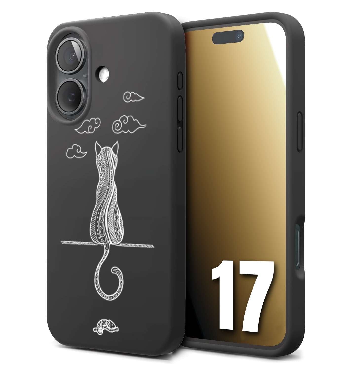 CUSTOMIZZA - Custodia cover nera morbida in tpu compatibile per iPhone 17 gatto mandala stilizzato gattino a rilievo soft touch donna bianca