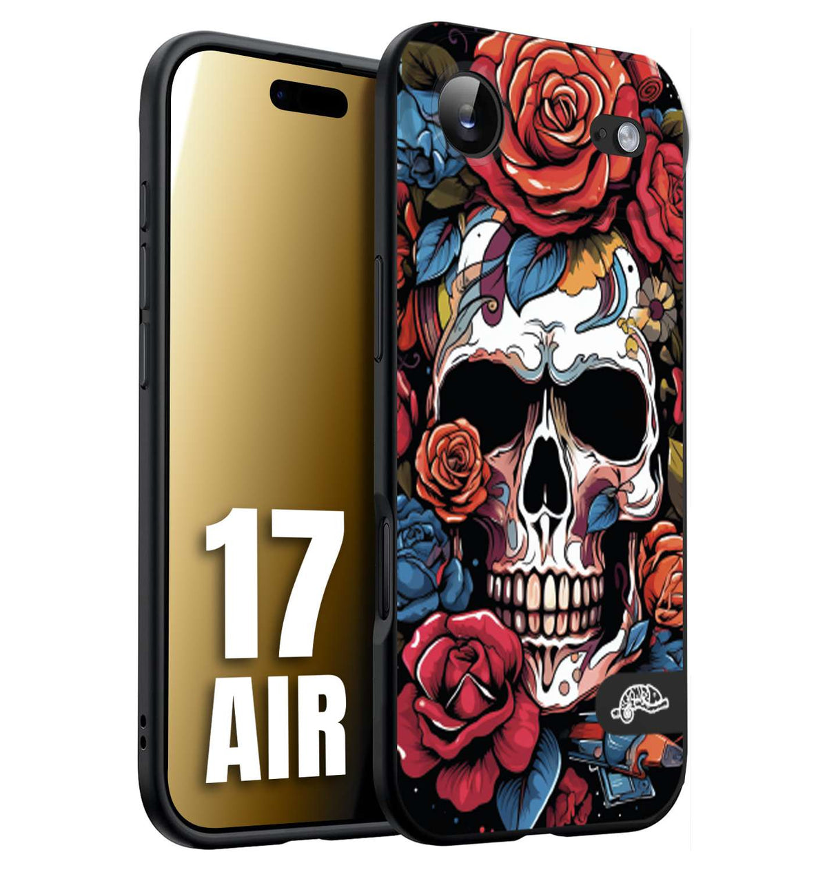 CUSTOMIZZA - Custodia cover nera morbida in tpu compatibile per iPhone 17 AIR teschio skull flowers fiori rose rosse tattoo disegnato
