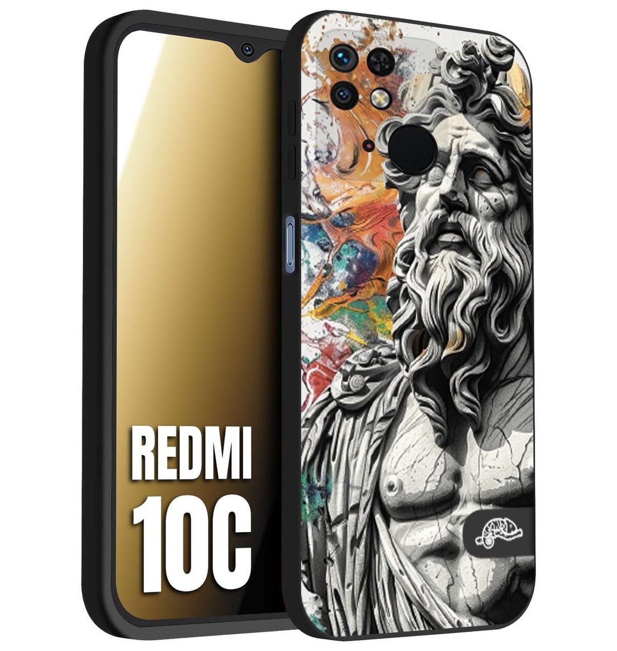 CUSTOMIZZA - Custodia cover nera morbida in tpu compatibile per Xiaomi Redmi 10C statua colorata moderna antico tattoo splash color