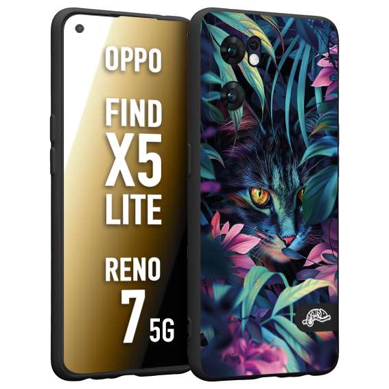 CUSTOMIZZA - Custodia cover nera morbida in tpu compatibile per Oppo Reno 7 - Find X5 LITE animali color giungla tropicale occhio di gatto colori vibranti disegnato