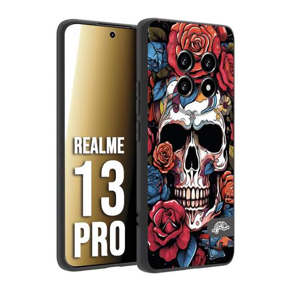 CUSTOMIZZA - Custodia cover nera morbida in tpu compatibile per Realme 13 PRO teschio skull flowers fiori rose rosse tattoo disegnato