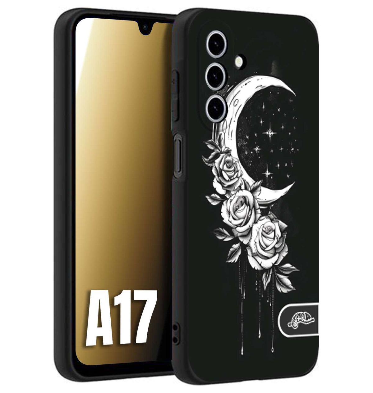 CUSTOMIZZA - Custodia cover nera morbida in tpu compatibile per Samsung A17 luna e fiori moon flowers black and white bianco a rilievo disegnato