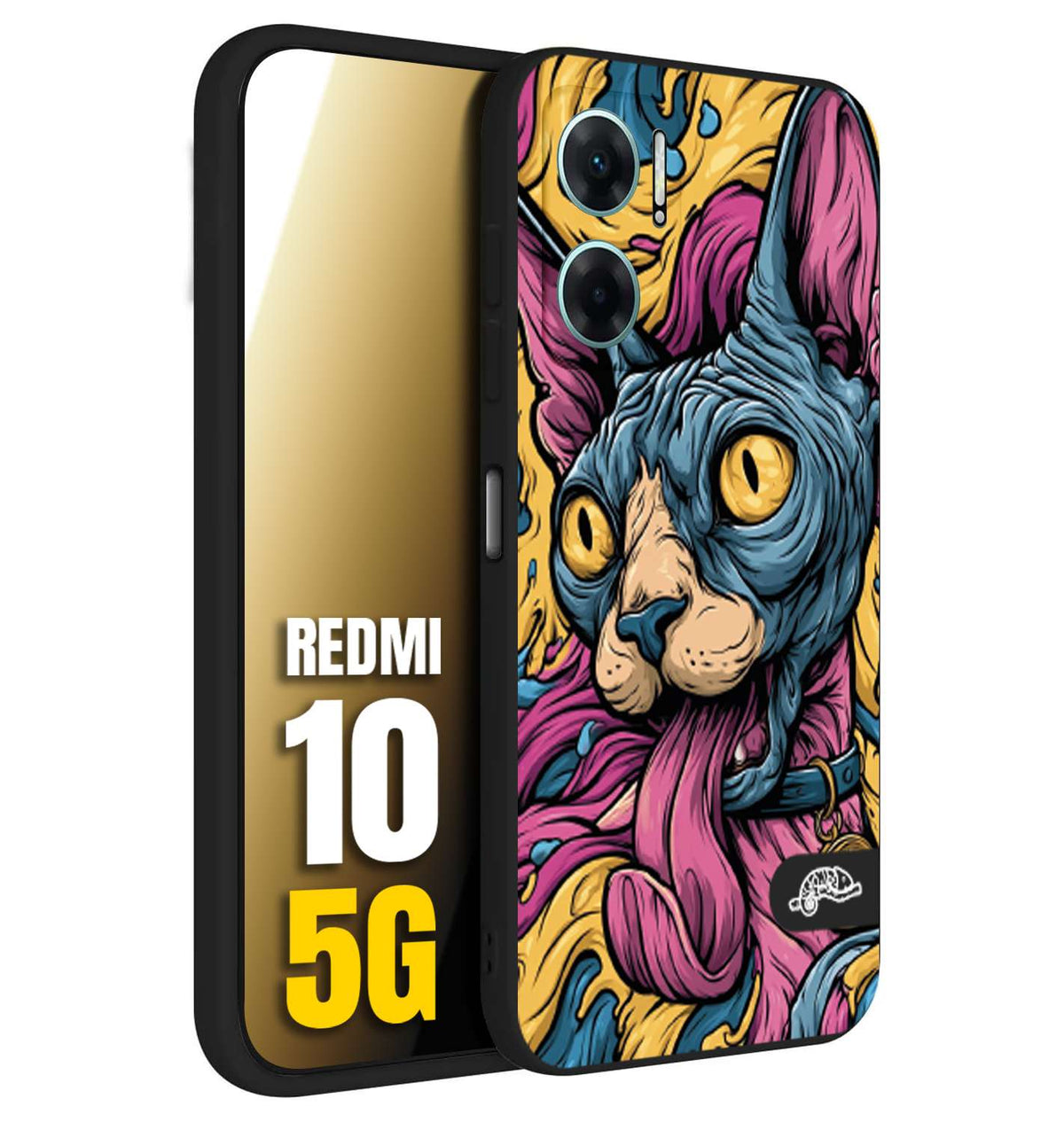 CUSTOMIZZA - Custodia cover nera morbida in tpu compatibile per Xiaomi Redmi 10 5G Sphynx Colorato Pop Art Psichedelico Gatto Blu Rosa Giallo Artistica Fantasy