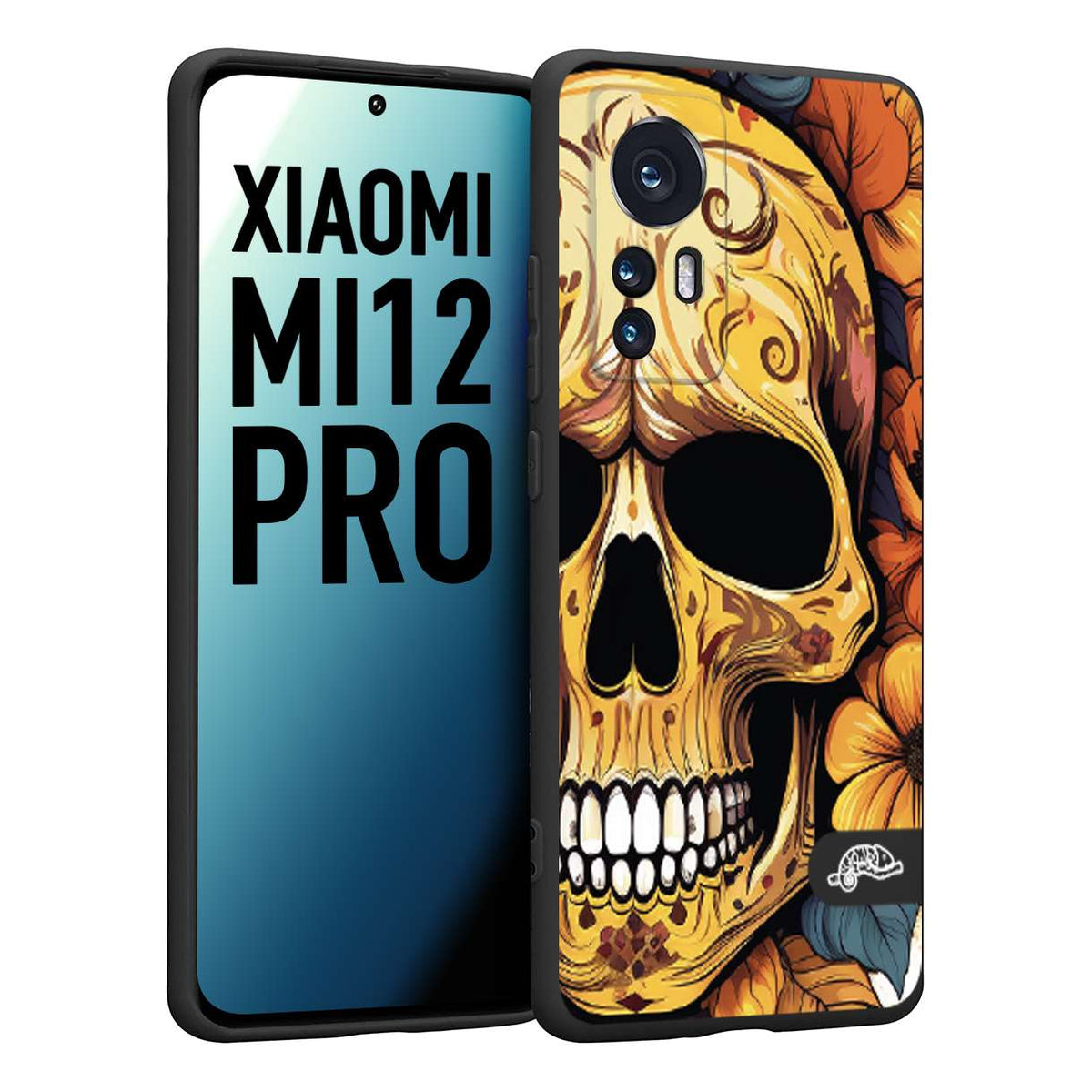 CUSTOMIZZA - Custodia cover nera morbida in tpu compatibile per Xiaomi 12 PRO teschio messicano colorato dorato fiori autunnali disegnato