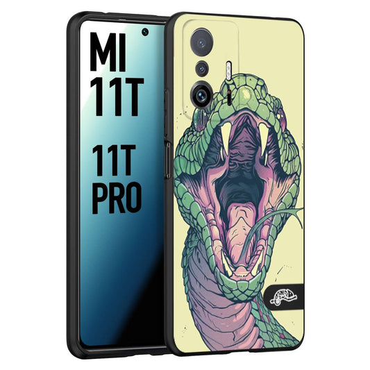CUSTOMIZZA - Custodia cover nera morbida in tpu compatibile per Xiaomi Mi 11T - Mi 11T PRO snake yellow green serpente tatuaggio tattoo disegnato a mano