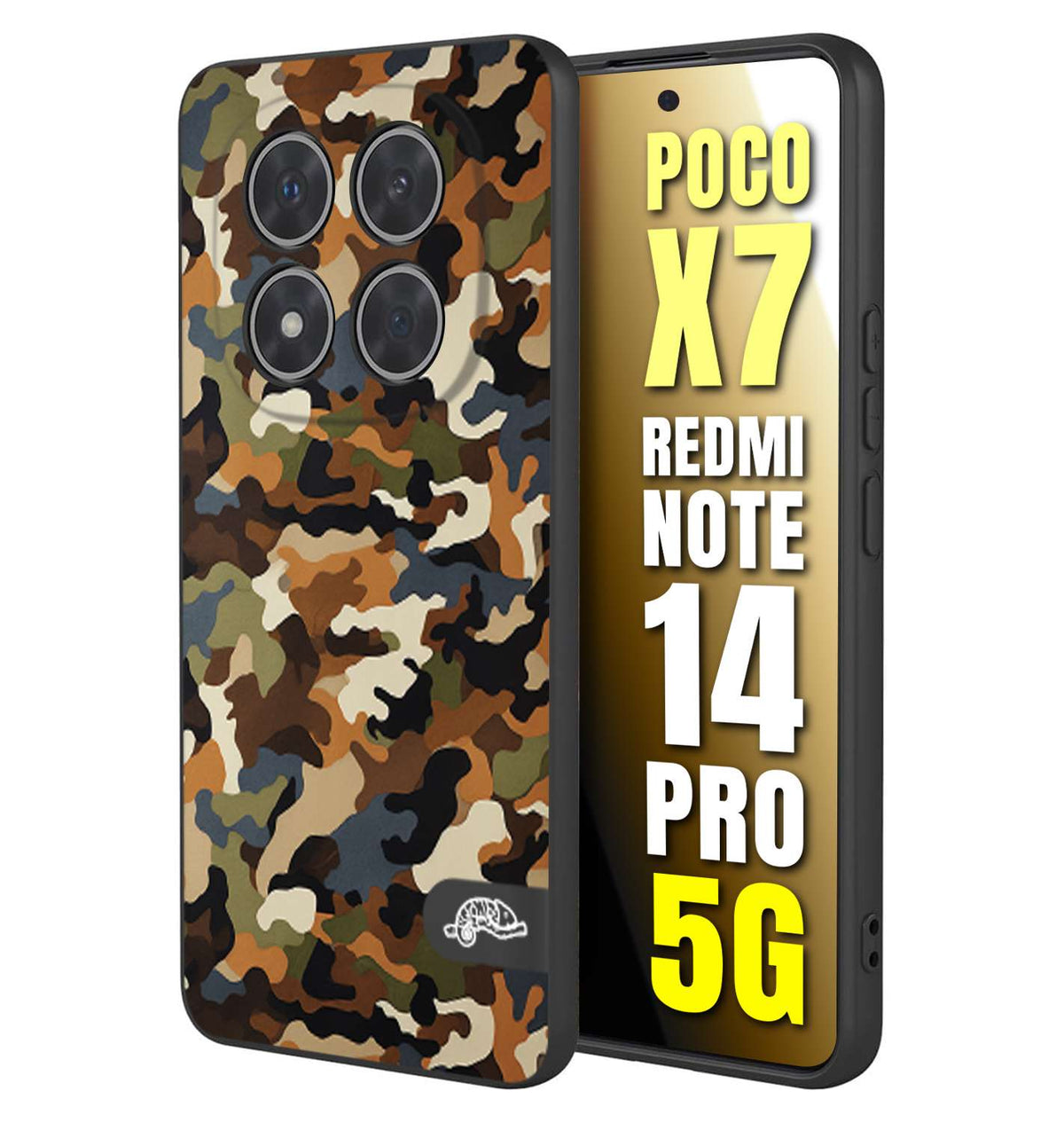 CUSTOMIZZA - Custodia cover nera morbida in tpu compatibile per Xiaomi Redmi Note 14 PRO 5G camouflage mimetico militare moderno blu marrone beige