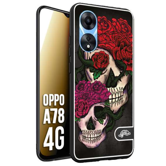 CUSTOMIZZA - Custodia cover nera morbida in tpu compatibile per Oppo A78 4G teschi e rose rosse fucsia skull and roses