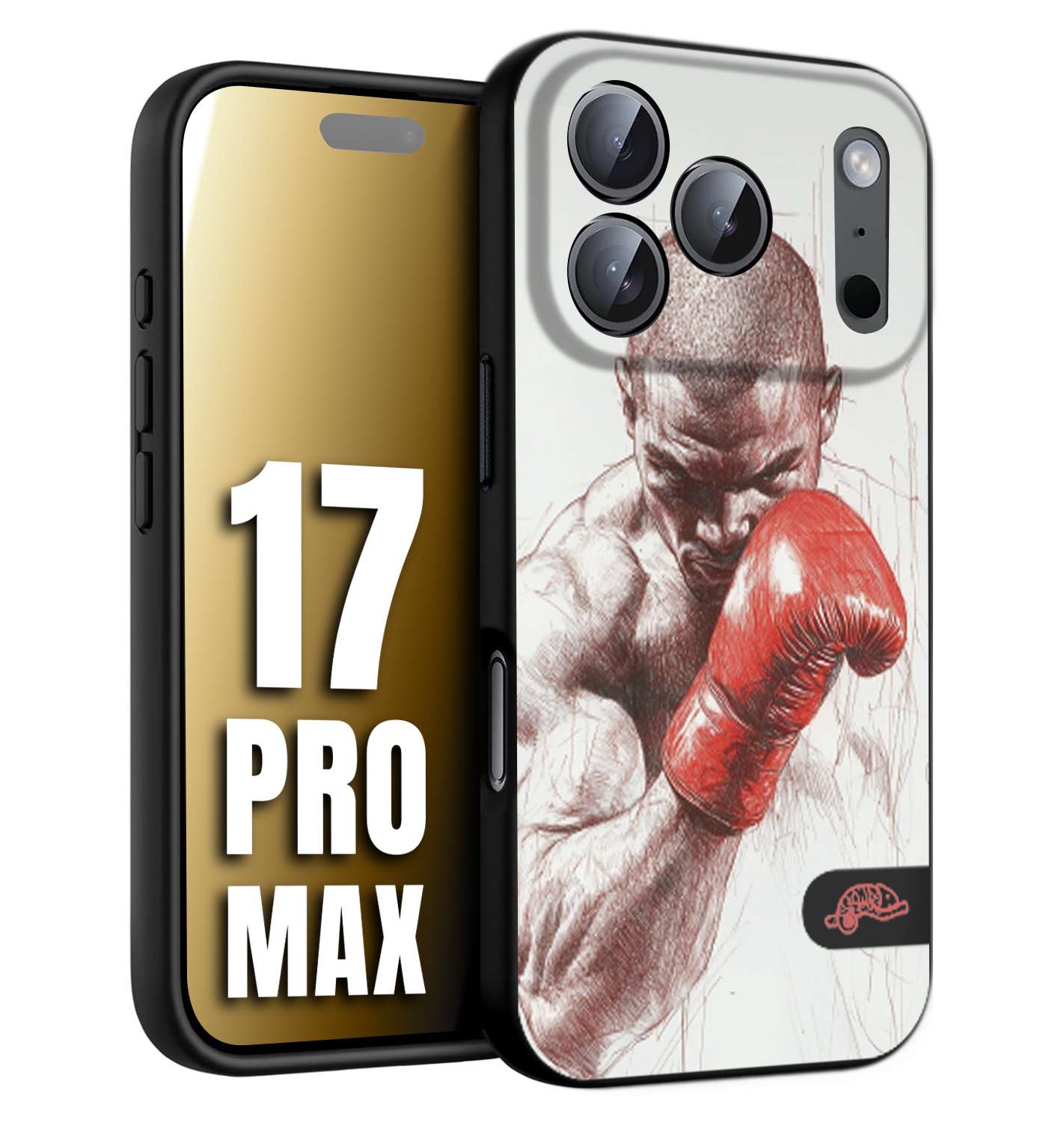 CUSTOMIZZA - Custodia cover nera morbida in tpu compatibile per iPhone 17 PRO MAX pugilato pugili disegno tattoo guantoni box sport primo piano