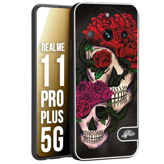 CUSTOMIZZA - Custodia cover nera morbida in tpu compatibile per Oppo Realme 11 PRO PLUS 5G teschi e rose rosse fucsia skull and roses