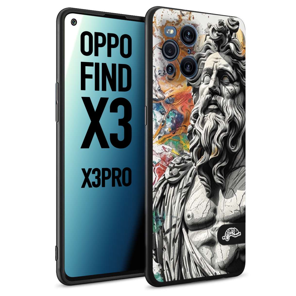 CUSTOMIZZA - Custodia cover nera morbida in tpu compatibile per Oppo Find X3 - Find X3 Pro 5G statua colorata moderna antico tattoo splash color