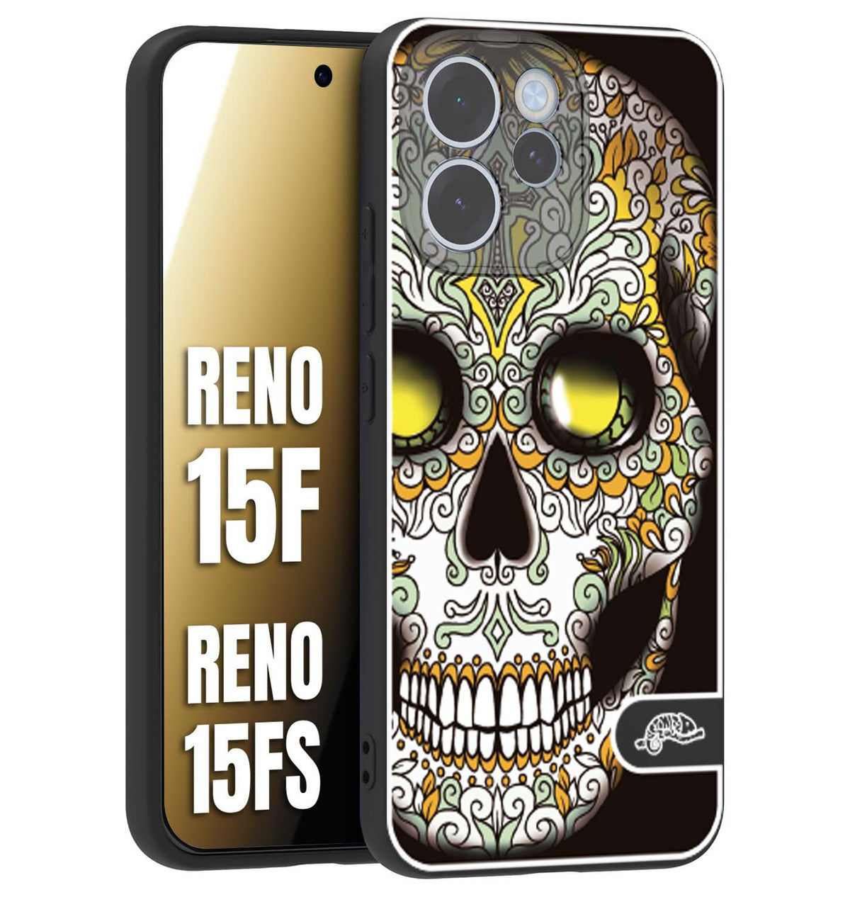 CUSTOMIZZA - Custodia cover nera morbida in tpu compatibile per Oppo Reno 15 F - Reno 15 FS teschio messicano Mexican skull bianco verde giallo