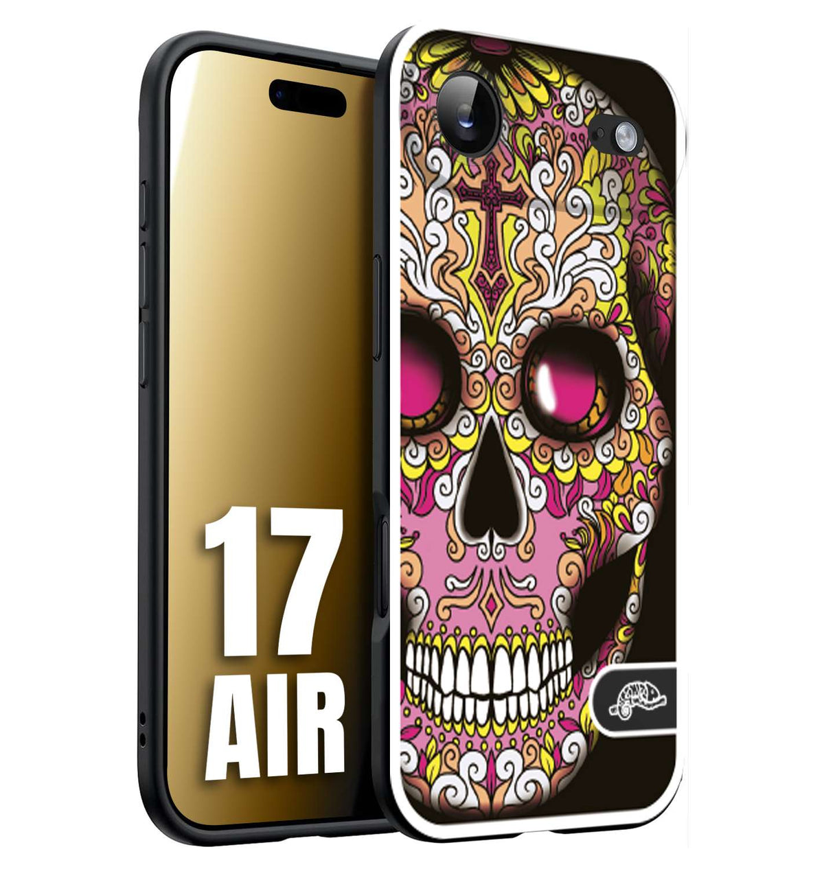 CUSTOMIZZA - Custodia cover nera morbida in tpu compatibile per iPhone 17 AIR teschio messicano Mexican skull rosa gialla