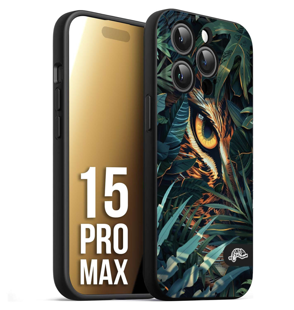 CUSTOMIZZA - Custodia cover nera morbida in tpu compatibile per iPhone 15 PRO MAX animali color giungla tropicale occhio di giaguaro felino disegnato