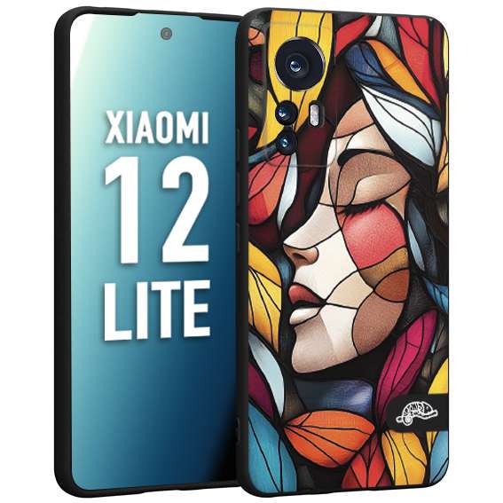 CUSTOMIZZA - Custodia cover nera morbida in tpu compatibile per Xiaomi 12 LITE Vetrata artistica volto di donna profilo fogliare mosaico di vetro colorato