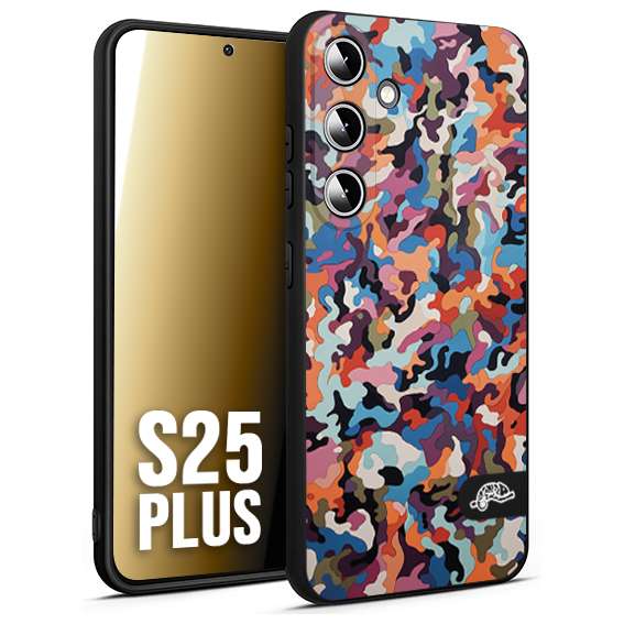 CUSTOMIZZA - Custodia cover nera morbida in tpu compatibile per Samsung S25 PLUS camouflage mimetico militare moderno blu arancio rosa