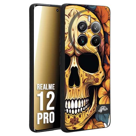 CUSTOMIZZA - Custodia cover nera morbida in tpu compatibile per Realme 12 PRO teschio messicano colorato dorato fiori autunnali disegnato