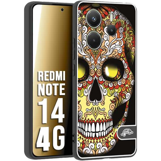 CUSTOMIZZA - Custodia cover nera morbida in tpu compatibile per Xiaomi Redmi Note 14 4G teschio messicano Mexican skull giallo rosso arancio