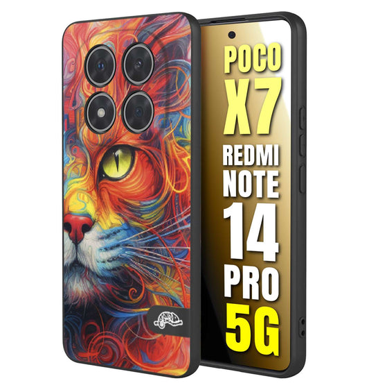 CUSTOMIZZA - Custodia cover nera morbida in tpu compatibile per Xiaomi Redmi Note 14 PRO 5G animali color cat gatto viso colori vibranti disegnato schizzo