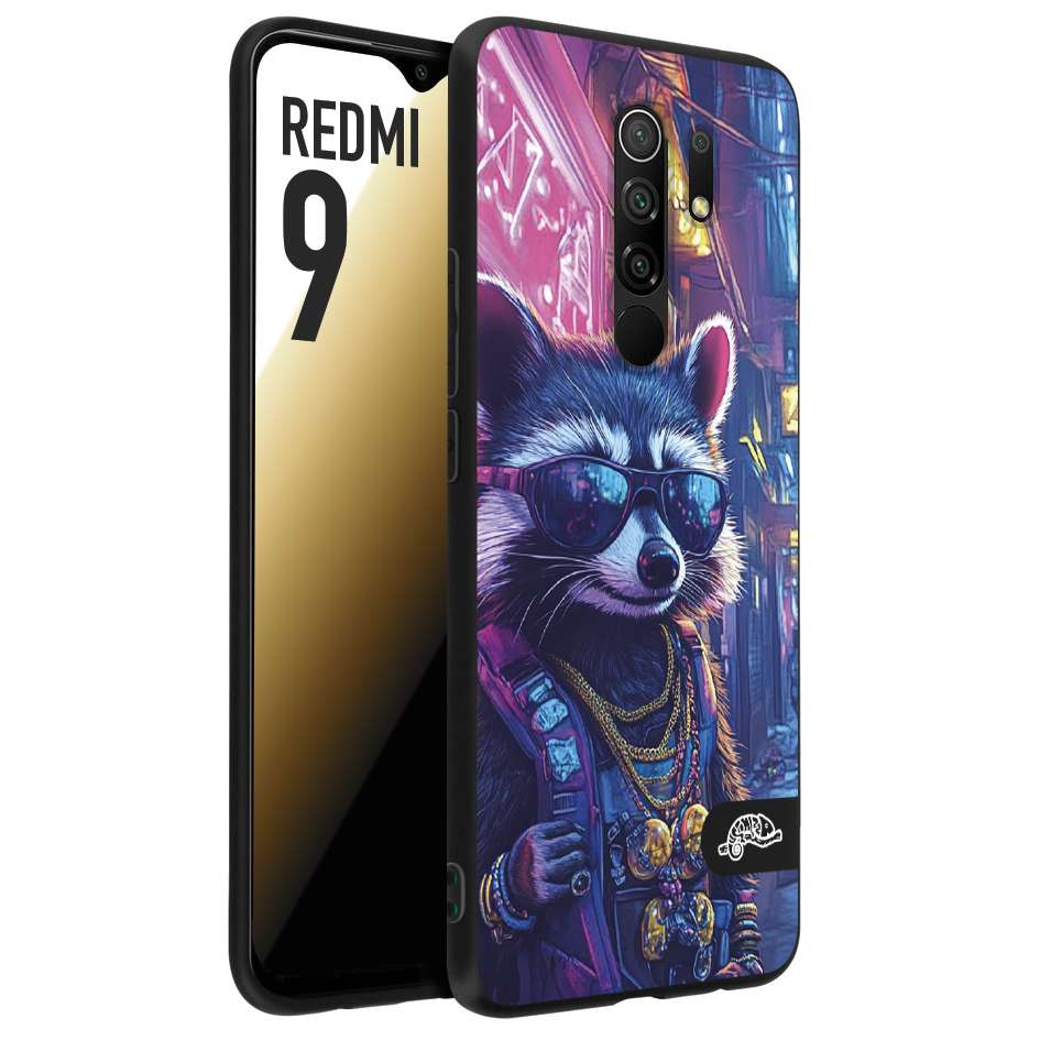 CUSTOMIZZA - Custodia cover nera morbida in tpu compatibile per Xiaomi Redmi 9 animali simpatici cyberpunk procione racoon street cat fucsia blu giallo