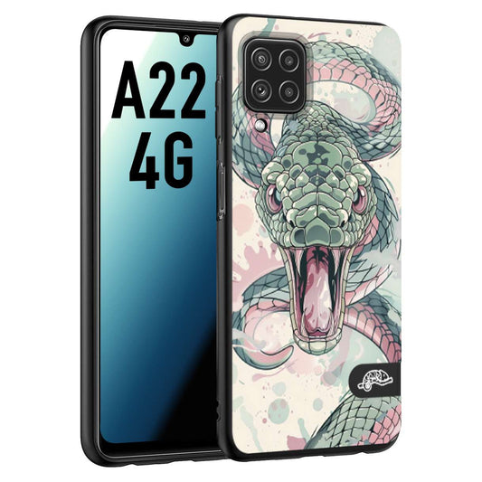 CUSTOMIZZA - Custodia cover nera morbida in tpu compatibile per Samsung A22 4G snake pink green serpente tatuaggio tattoo disegnato a mano