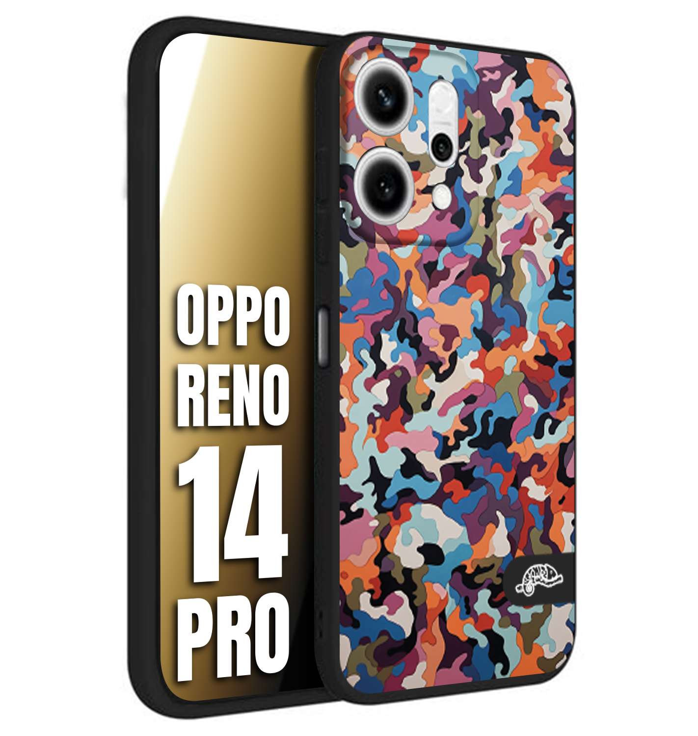 CUSTOMIZZA - Custodia cover nera morbida in tpu compatibile per Oppo Reno 14 PRO camouflage mimetico militare moderno blu arancio rosa