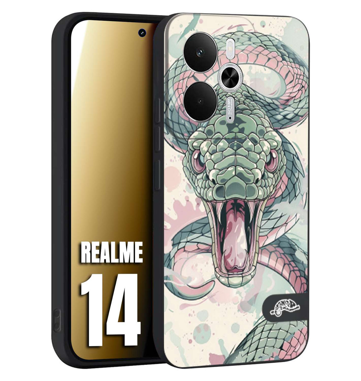 CUSTOMIZZA - Custodia cover nera morbida in tpu compatibile per Realme 14 5G snake pink green serpente tatuaggio tattoo disegnato a mano