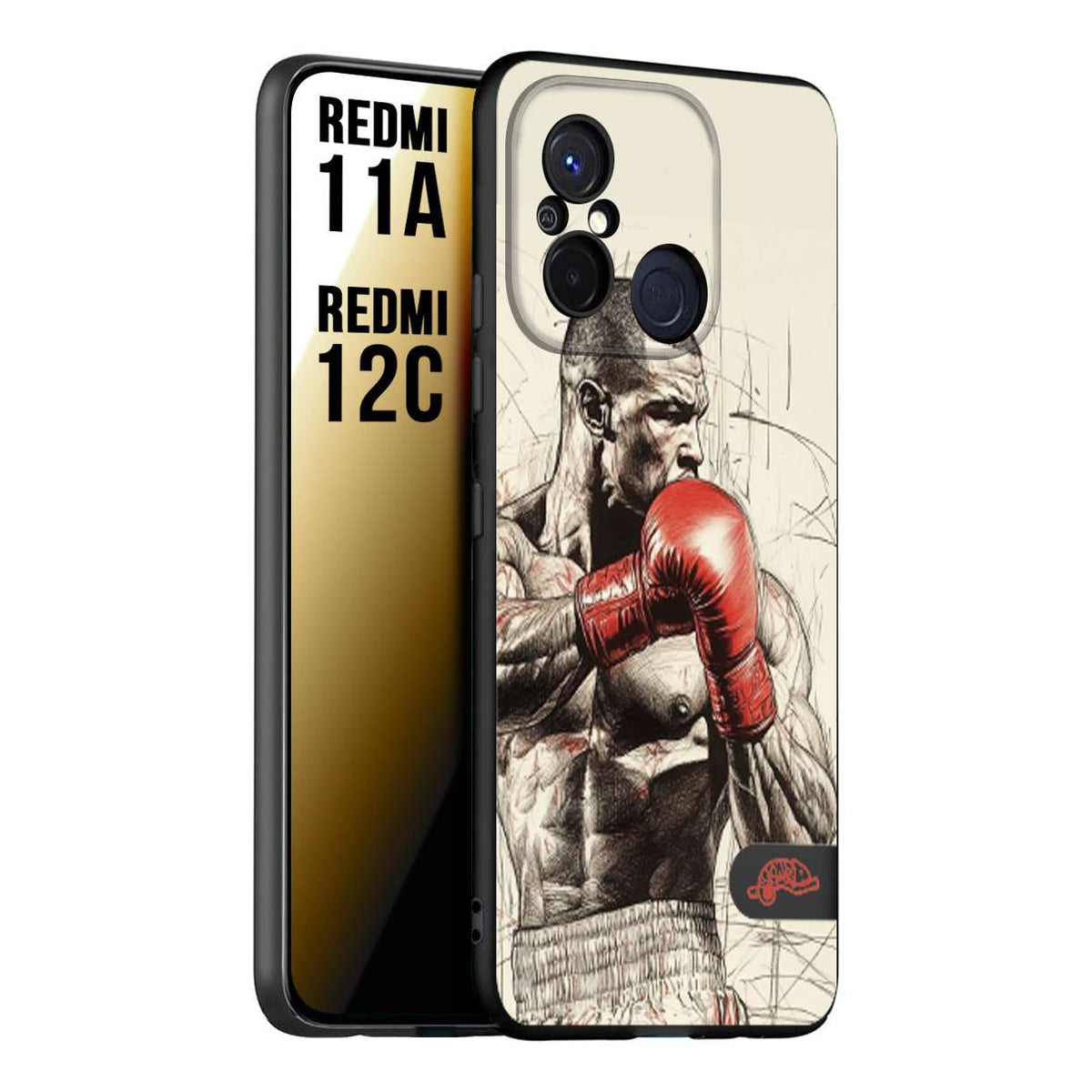 CUSTOMIZZA - Custodia cover nera morbida in tpu compatibile per Xiaomi Redmi 11A - 12C pugilato pugili disegno tattoo guantoni box sport ring