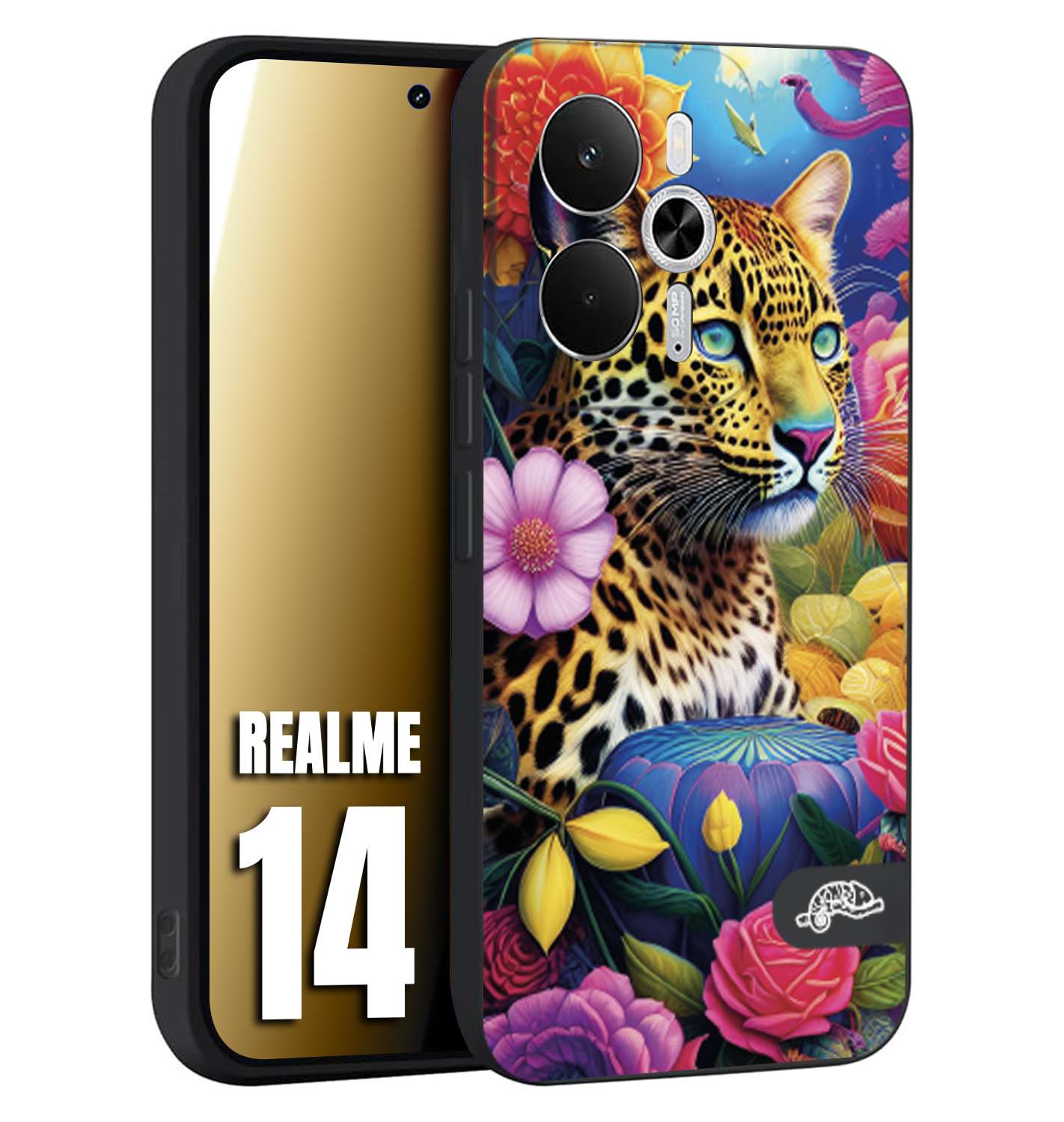 CUSTOMIZZA - Custodia cover nera morbida in tpu compatibile per Realme 14 5G astratti donna flower fantasia leopardo ghepardo animali colorati