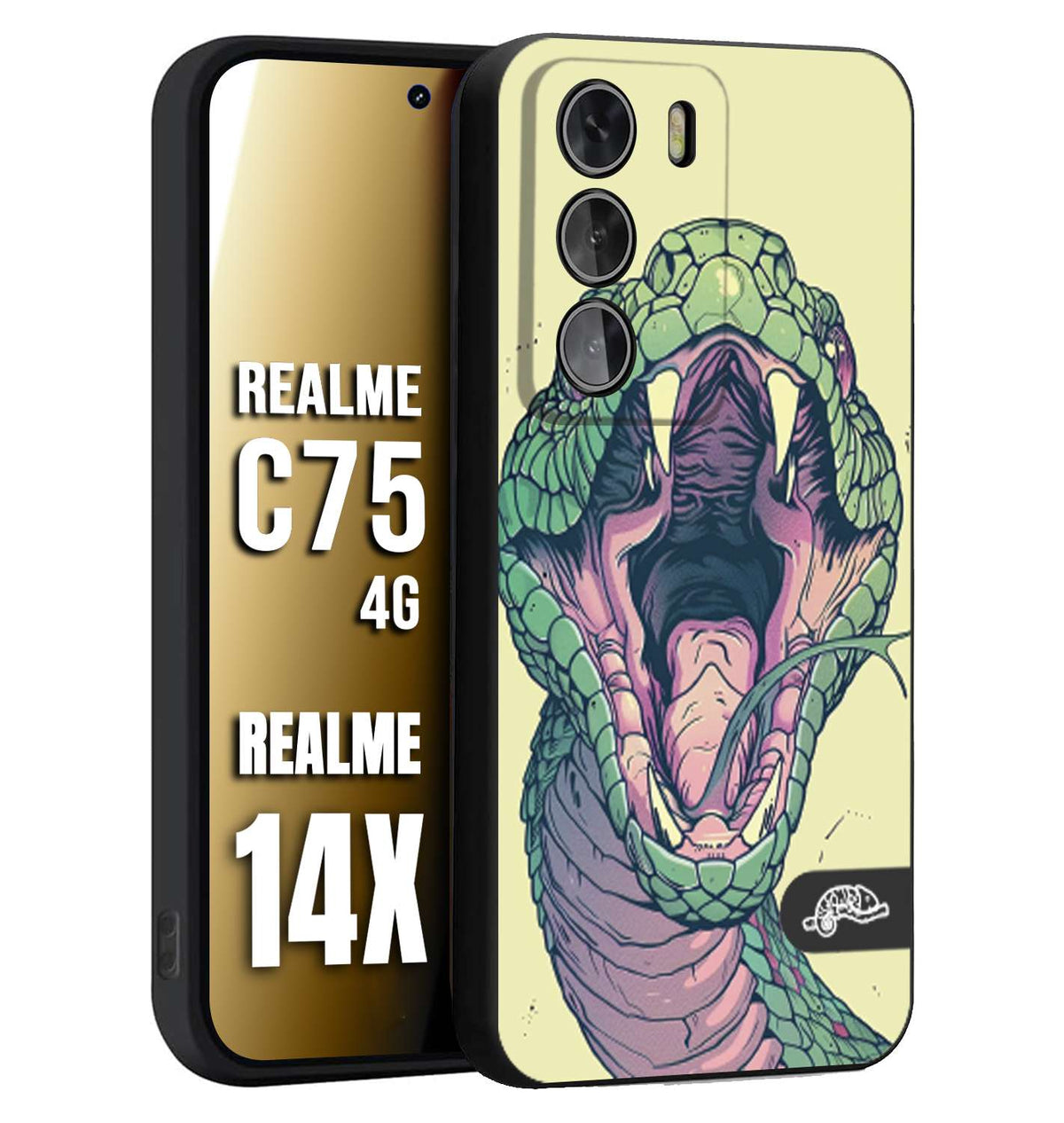 CUSTOMIZZA - Custodia cover nera morbida in tpu compatibile per Realme 14X - C75 4G snake yellow green serpente tatuaggio tattoo disegnato a mano