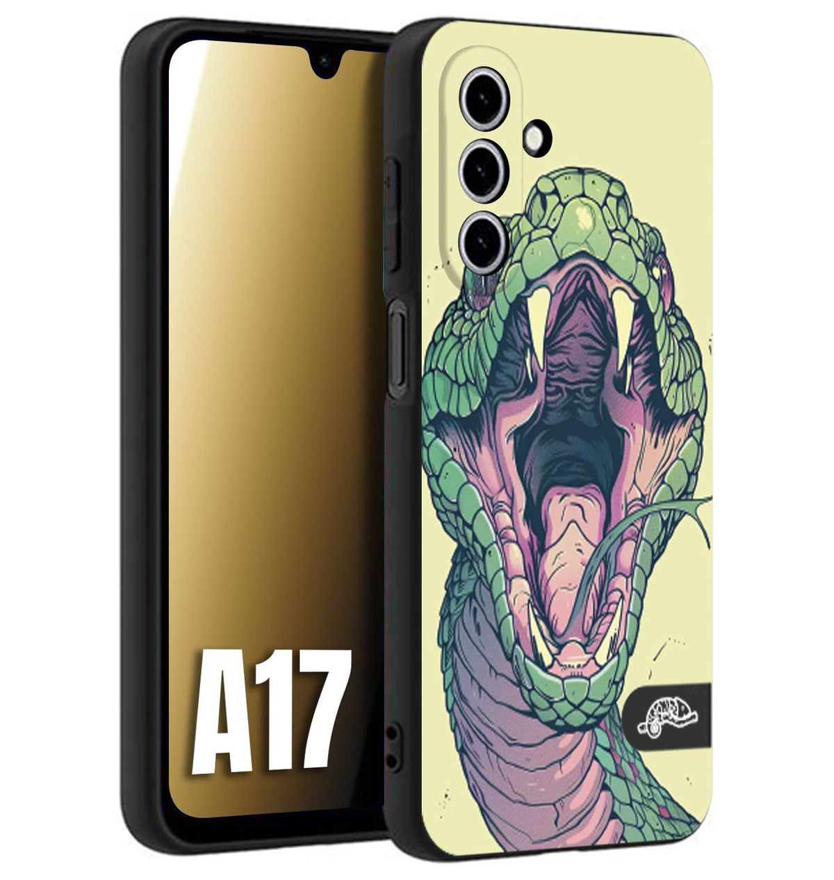 CUSTOMIZZA - Custodia cover nera morbida in tpu compatibile per Samsung A17 snake yellow green serpente tatuaggio tattoo disegnato a mano